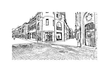 Halle 'nin simgesi olan Print Building Manzarası Almanya' daki bir şehirdir. Vektörde elle çizilmiş çizim çizimi.