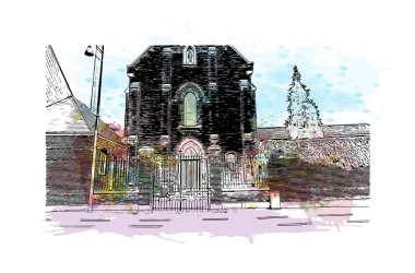 Hasselt 'in simgesi olan Print Building View Belçika' da bulunmaktadır. Vektörde elle çizilmiş resim ile suluboya sıçraması.