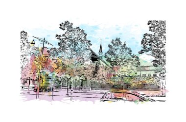 Hasselt 'in simgesi olan Print Building View Belçika' da bulunmaktadır. Vektörde elle çizilmiş resim ile suluboya sıçraması.