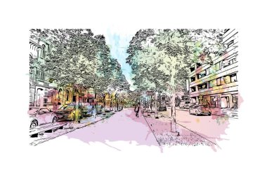 Hasselt 'in simgesi olan Print Building View Belçika' da bulunmaktadır. Vektörde elle çizilmiş resim ile suluboya sıçraması.