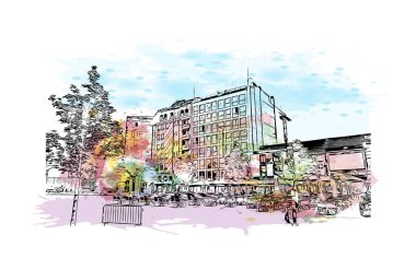 Hasselt 'in simgesi olan Print Building View Belçika' da bulunmaktadır. Vektörde elle çizilmiş resim ile suluboya sıçraması.