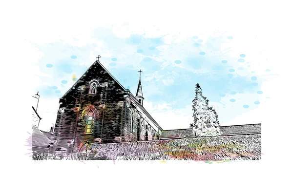 Hasselt 'in simgesi olan Print Building View Belçika' da bulunmaktadır. Vektörde elle çizilmiş resim ile suluboya sıçraması.