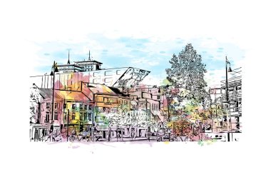 Hasselt 'in simgesi olan Print Building View Belçika' da bulunmaktadır. Vektörde elle çizilmiş resim ile suluboya sıçraması.