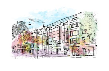 Hasselt 'in simgesi olan Print Building View Belçika' da bulunmaktadır. Vektörde elle çizilmiş resim ile suluboya sıçraması.