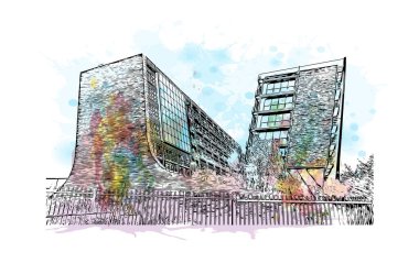 Hasselt 'in simgesi olan Print Building View Belçika' da bulunmaktadır. Vektörde elle çizilmiş resim ile suluboya sıçraması.