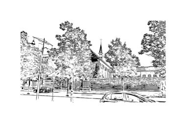 Hasselt 'in simgesi olan Print Building View Belçika' da bulunmaktadır. Vektörde elle çizilmiş çizim çizimi.