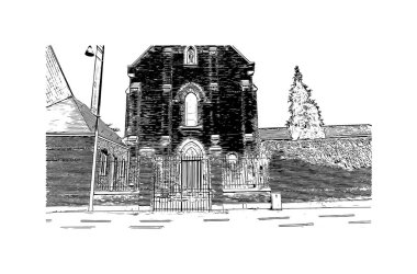 Hasselt 'in simgesi olan Print Building View Belçika' da bulunmaktadır. Vektörde elle çizilmiş çizim çizimi.