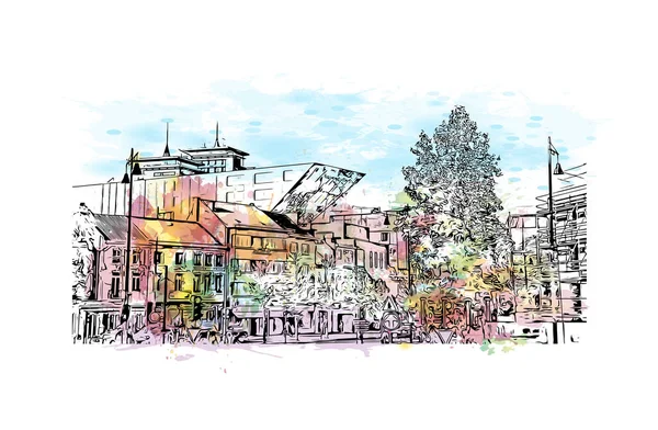 具有哈塞特地标的印刷建筑景观是比利时的城市 矢量手绘示意图水彩画 — 图库矢量图片