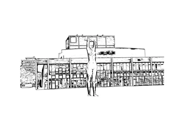 Print Building Vista Com Marco Hasselt Cidade Bélgica Desenho Desenhado — Vetor de Stock