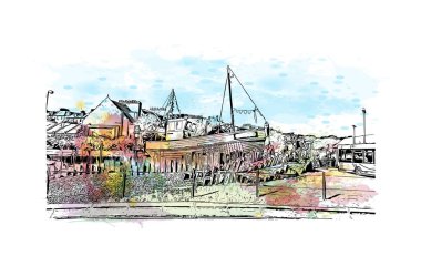 Print Building View Hastings, İngiltere 'de bir şehirdir. Vektörde elle çizilmiş resim ile suluboya sıçraması.