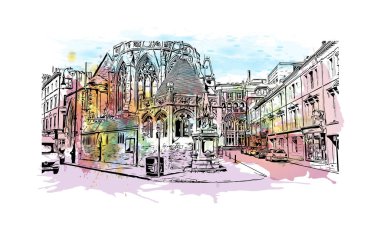 Print Building View Hastings, İngiltere 'de bir şehirdir. Vektörde elle çizilmiş resim ile suluboya sıçraması.