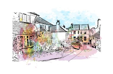 Print Building View Hastings, İngiltere 'de bir şehirdir. Vektörde elle çizilmiş resim ile suluboya sıçraması.