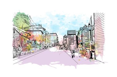 Print Building View Hastings, İngiltere 'de bir şehirdir. Vektörde elle çizilmiş resim ile suluboya sıçraması.