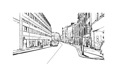 Print Building View Hastings, İngiltere 'de bir şehirdir. Vektörde elle çizilmiş çizim çizimi.