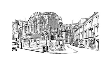 Print Building View Hastings, İngiltere 'de bir şehirdir. Vektörde elle çizilmiş çizim çizimi.