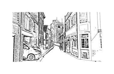 Print Building view with landmark of Hastings is a town in England. Hand drawn sketch illustration in vector. clipart