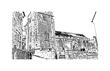 Print Building View Hastings, İngiltere 'de bir şehirdir. Vektörde elle çizilmiş çizim çizimi.