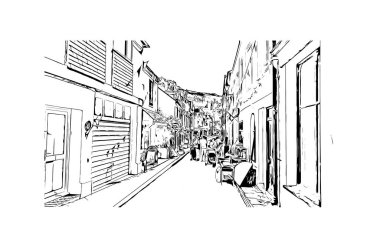 Print Building View Hastings, İngiltere 'de bir şehirdir. Vektörde elle çizilmiş çizim çizimi.