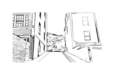 Print Building View Hastings, İngiltere 'de bir şehirdir. Vektörde elle çizilmiş çizim çizimi.