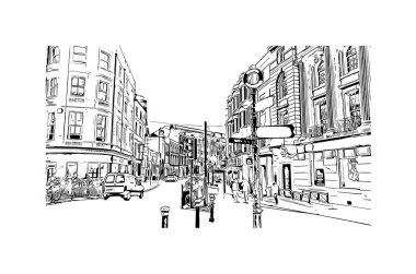 Print Building View Hastings, İngiltere 'de bir şehirdir. Vektörde elle çizilmiş çizim çizimi.