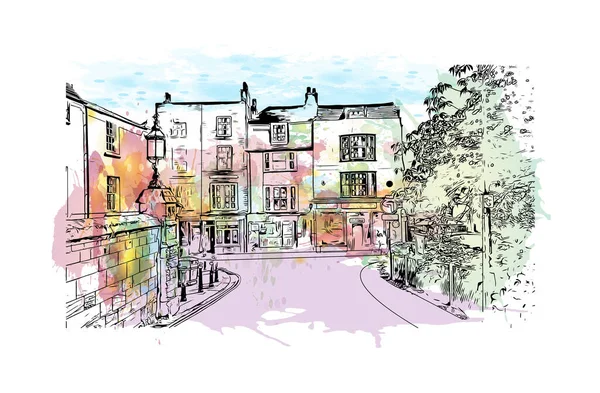 具有黑斯廷斯地标的印刷建筑景观是英格兰的一个城镇 矢量手绘示意图水彩画 — 图库矢量图片