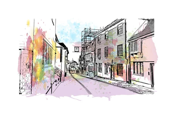 印刷ヘイスティングスのランドマークとビルのビューは イングランドの町です 手描きのスケッチイラストと水彩スプラッシュベクトル — ストックベクタ