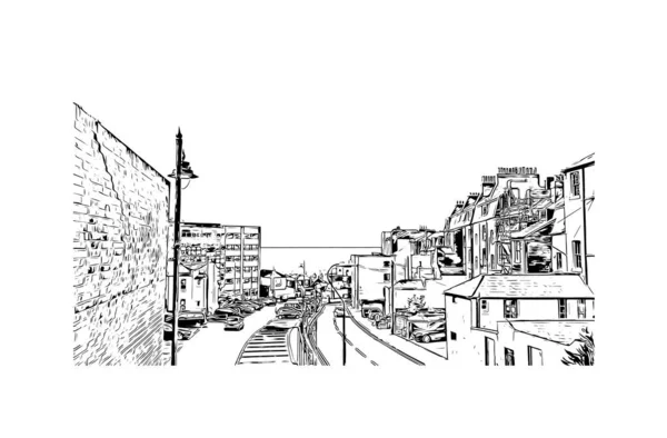 Print Building View Landmark Hastings Town England Ručně Kreslená Kresba — Stockový vektor