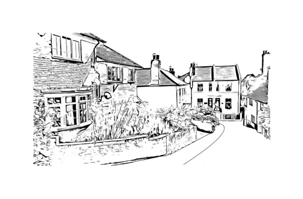 具有黑斯廷斯地标的印刷建筑景观是英格兰的一个城镇 矢量手绘草图 — 图库矢量图片