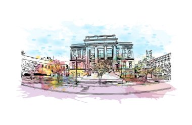 Print Building view with landmark of Hattiesburg is a city of Mississippi. Vektörde elle çizilmiş resim ile suluboya sıçraması.