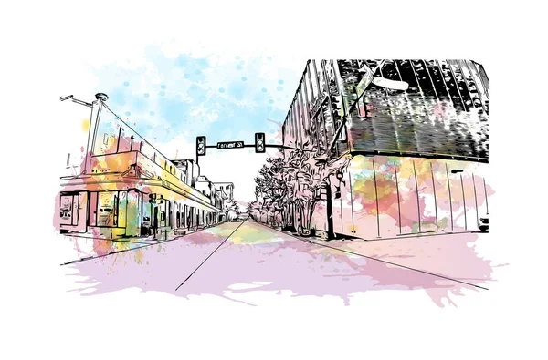 印刷ハティツバーグのランドマークとビルの景色はミシシッピ州の都市です 手描きのスケッチイラストと水彩スプラッシュベクトル — ストックベクタ