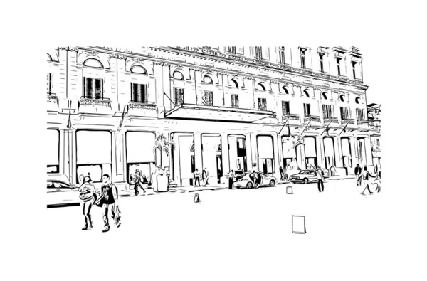 Imprimir Vista Del Edificio Con Hito Habana Capital Cuba Dibujo — Vector de stock