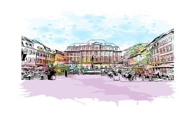 Heidelberg, Almanya 'da yer alan bir şehirdir. Elle çizilmiş çizim çizim vektörü ile suluboya sıçraması.