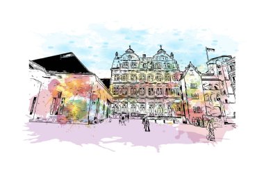 Heidelberg, Almanya 'da yer alan bir şehirdir. Elle çizilmiş çizim çizim vektörü ile suluboya sıçraması.