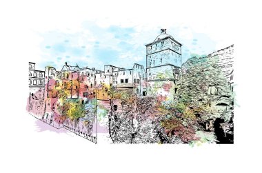 Heidelberg, Almanya 'da yer alan bir şehirdir. Elle çizilmiş çizim çizim vektörü ile suluboya sıçraması.