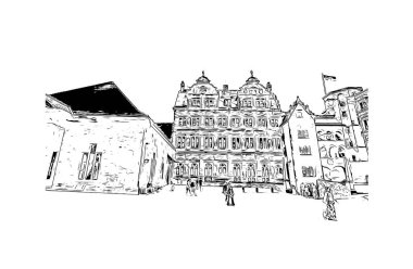 Heidelberg, Almanya 'da yer alan bir şehirdir. El çizimi çizimi çizim vektörü.