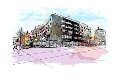 Heilbronn 'un simgesi olan Print Building View, Almanya' nın başkentidir. Vektörde elle çizilmiş resim ile suluboya sıçraması.
