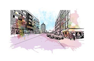 Heilbronn 'un simgesi olan Print Building View, Almanya' nın başkentidir. Vektörde elle çizilmiş resim ile suluboya sıçraması.