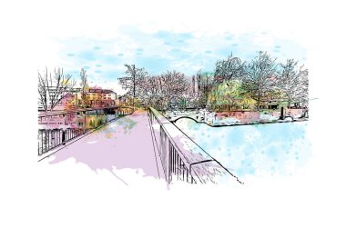 Heilbronn 'un simgesi olan Print Building View, Almanya' nın başkentidir. Vektörde elle çizilmiş resim ile suluboya sıçraması.