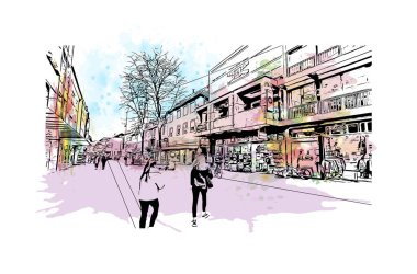 Heilbronn 'un simgesi olan Print Building View, Almanya' nın başkentidir. Vektörde elle çizilmiş resim ile suluboya sıçraması.