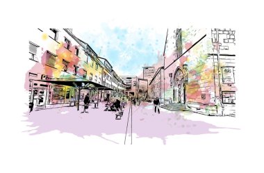 Heilbronn 'un simgesi olan Print Building View, Almanya' nın başkentidir. Vektörde elle çizilmiş resim ile suluboya sıçraması.