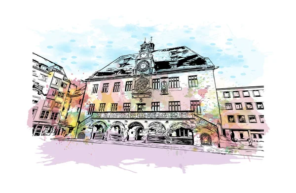 Drukuj Widok Budynku Znakiem Rozpoznawczym Heilbronn Miasto Niemczech Akwarela Plusk — Wektor stockowy