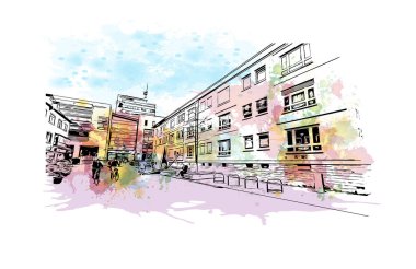 Heilbronn 'un simgesi olan Print Building View, Almanya' nın başkentidir. Vektörde elle çizilmiş resim ile suluboya sıçraması.