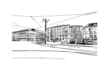 Heilbronn 'un simgesi olan Print Building View, Almanya' nın başkentidir. Vektörde elle çizilmiş çizim çizimi.