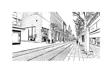 Heilbronn 'un simgesi olan Print Building View, Almanya' nın başkentidir. Vektörde elle çizilmiş çizim çizimi.