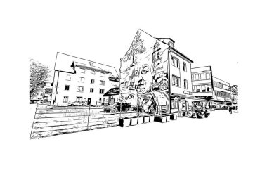 Heilbronn 'un simgesi olan Print Building View, Almanya' nın başkentidir. Vektörde elle çizilmiş çizim çizimi.