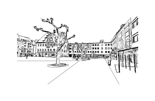 Print Building View Landmark Heilbronn Staden Tyskland Handritad Skiss Illustration — Stock vektor