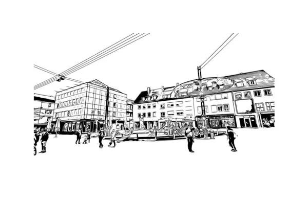 Print Building Vista Com Marco Heilbronn Cidade Alemanha Desenho Desenhado — Vetor de Stock