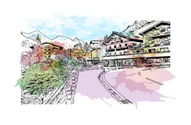 Heiligenblut, Avusturya 'da bir şehirdir. Vektörde elle çizilmiş resim ile suluboya sıçraması.