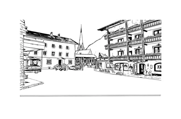 Stampa Vista Edificio Con Punto Riferimento Heiligenblut Comune Austria Illustrazione — Vettoriale Stock