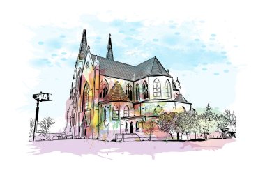 Helena 'nın simgesi olan Print Building Manzarası, Montana' daki bir şehirdir. Vektörde elle çizilmiş resim ile suluboya sıçraması.